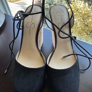 Jessica Simpson Black Espadrille Wedge Sandals with Lace-Up Ties